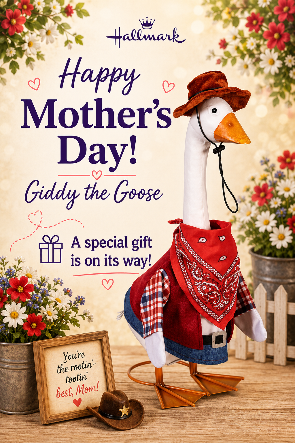 Giddy the Porch Goose with Outfit for in store pickup + Mother's Day "Reveal" card