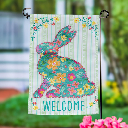 Floral Patterned Bunny Applique Garden Flag