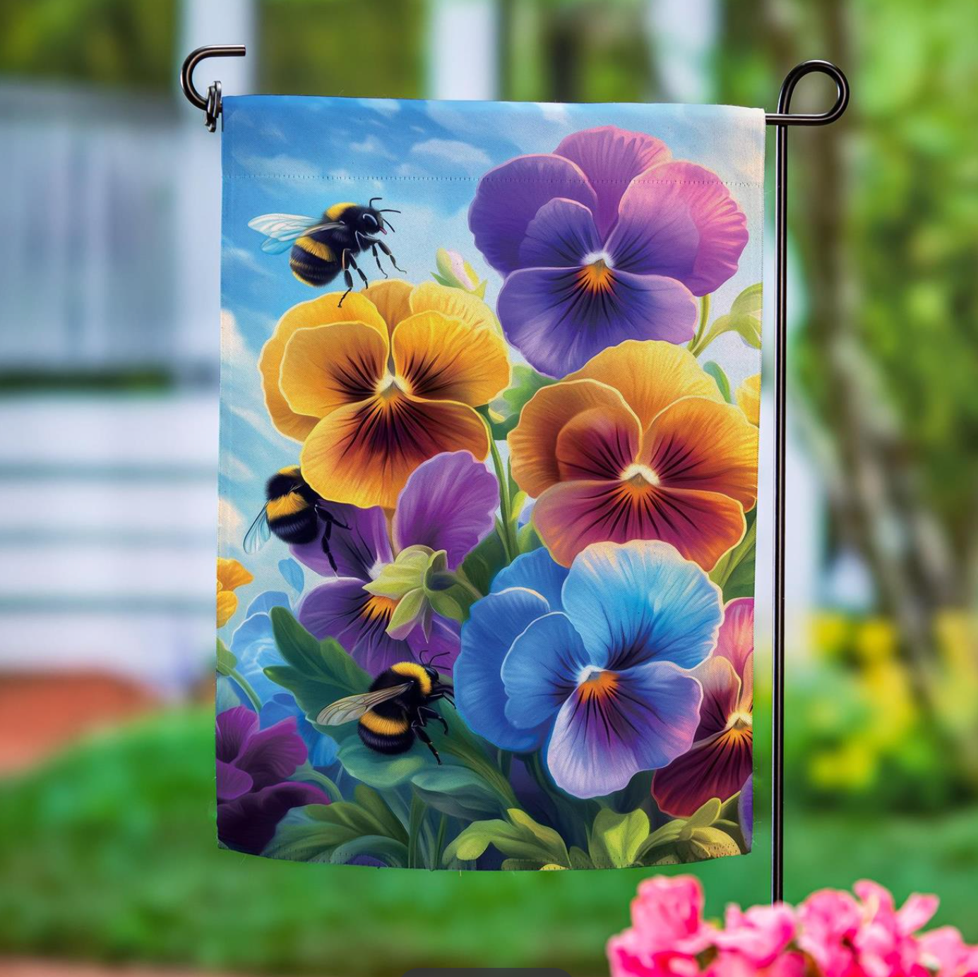 Pansies & Bees Suede Garden Flag